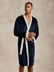 EverLounge Autumn/Winter Men's British Style Minimalist Basic Comfortable Soft Navy Blue Flannel Contrast White Long Robe - Navy Blue - View 3