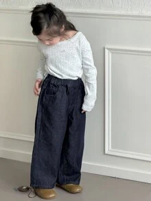DAZY Jeans Denim Gelap Cuci Longgar Kasual Kaki Lurus dengan Desain Pola Bordir untuk Anak Perempuan Muda, Musim Gugur/Dingin - Dark Wash - View 4