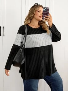 SHEIN CURVE+ Contrast Color Round Neck Ribbed Long Sleeve Casual T-Shirt, Autumn/Winter Contrast Knit Ribbed Top, Suitable For Plus Size 5XL-8XL - Multicolor - View 9