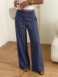 Aloruh Women's Waist Button Design Striped Wide Leg Loose Long Pants - Navy Blue - View 5