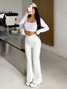 SHEIN EZwear 女款修身休閒喇叭褲 - 白色 - 查看 5