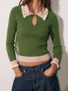 Nöista Women's Contrast Color Lapel Long Sleeve Slim Fit Versatile Sweater - Green - View 5