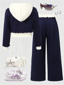 SHEIN 冬季服飾套裝，適合前青春期女孩，秋季服飾，聖誕服飾，學生校園風，白色海軍藍運動可愛款 - 彩色 - 查看 2