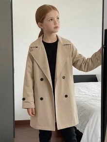 Hapijoa Tween Girl Loose Fit Turn Collar Autumn Long Sleeve Tie Khaki Solid Color Woven Trench Coat - Khaki - View 4