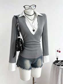 Sweetra Autumn/Winter New American Retro Polo Collar Patchwork Knit Slim Fit Flattering Women's 2 In 1 Shirt, Elegant Daily Study Commute - Grey - View 3