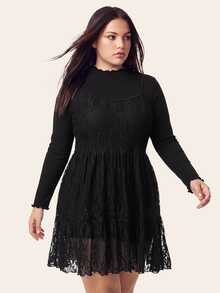 Comfortcana Plus Size Autumn/Winter Lace Camisole Dress & High Neck Cotton T-Shirt Black Set - Black - View 12