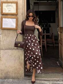 Serisse Women's Patchwork Polka Dot Print Long Sleeve Elegant Dress - Brown - View 6