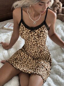 SHEIN Baju Tidur Wanita Motif Macan Tutul Kerah V dengan Hiasan Pita Belakang dan Ruffle - Unta - View 7