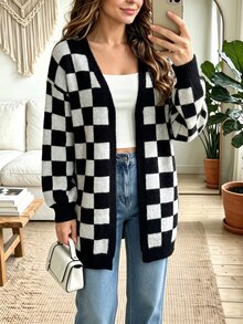 SHEIN Casual Loose Fit V-Neck Long Sleeve Knit Contrast Color Checkerboard Design Black & White Women's Spring Autumn Cardigan - Black and White - View 3