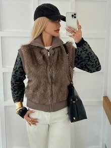 Livesso Brown High Neck Plush Patchwork Leopard Print Sleeve Zipper Slim Fit Casual Colorblock Faux Fur Jacket - Khaki - View 2