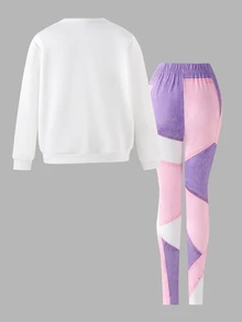 SHEIN Sparklyn Tween Girls T-Shirt Set, Pink Purple, Top + Long Pants 2 Pieces Set, Loose Fit, Daily Wear, Fashionable Versatile, Casual, Collar, Round Neck, Print, Zipper, Comfortable, Autumn, Cute - White - View 2