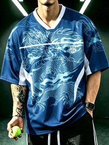 Men's Dragon Pattern & Auspicious Cloud All-Over Print Mesh V-Neck Short Sleeve Jersey, Colorblock Patchwork Sports T-Shirt - Blue - View 3