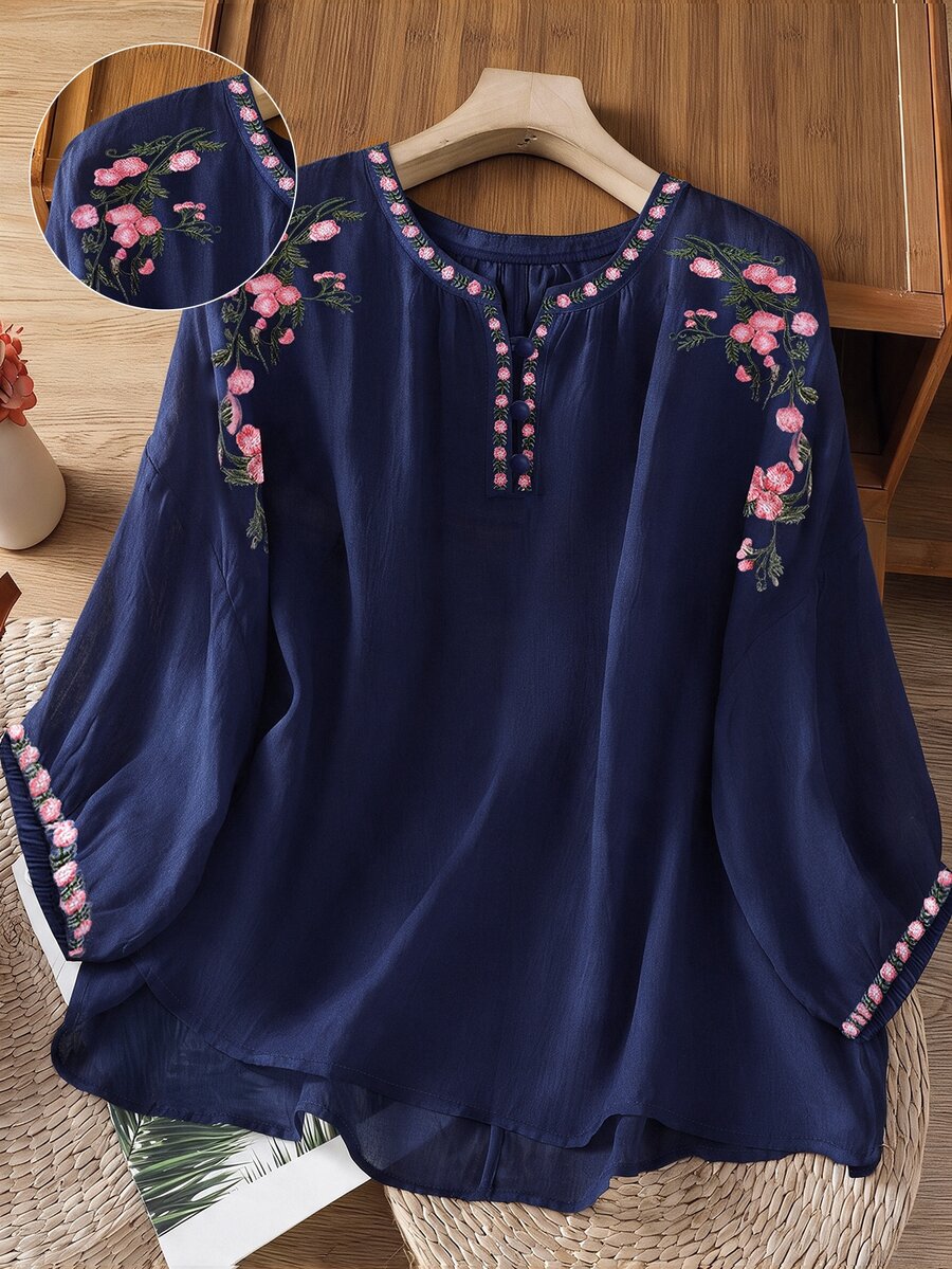 EMERY ROSE 大尺碼重工刺繡舒適亞麻中長袖襯衫 - 藍色 - 查看 1