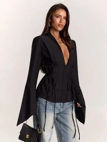 SHEIN BAE Blazer Wanita Lengan Panjang Warna Polos dengan Desain Ikat Pinggang Samping dan Potongan Slim Fit - Hitam - View 6