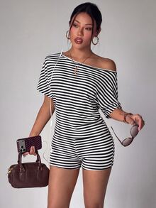 StreetHx Women's Striped Asymmetrical Shoulder Short Sleeve T-Shirt And Shorts Sports Set - Black and White - View 1