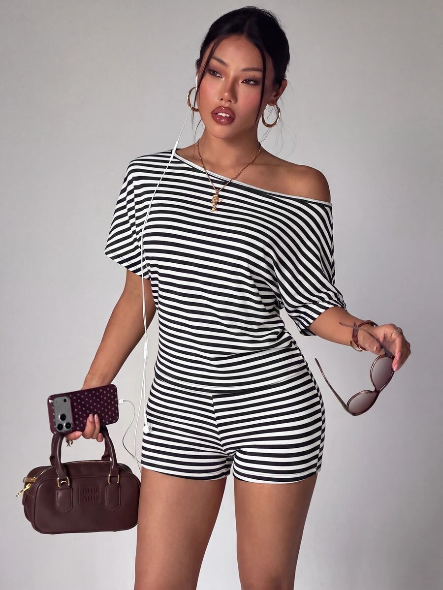 StreetHx Women's Striped Asymmetrical Shoulder Short Sleeve T-Shirt And Shorts Sports Set - Black and White - View 1
