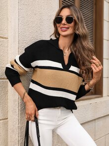 EMERY ROSE Casual tröja för dam med färgblock, randigt mönster, lång ärm och notch-hals - Multifärgad - Visa 1