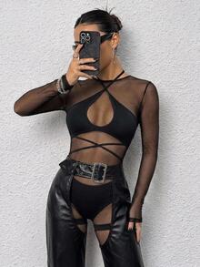 SHEIN ICON Cross Halter Neck Cutout Tank Top & Ultra Low Waist Shorts Leggings Set Checkerboard Women Two Pieces Outfit - Black - View 3