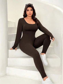 SHEIN EZwear 大尺碼秋冬保暖針織連身褲 - 巧克力棕 - 查看 3