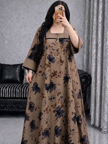 Al Najma Plus Size Women Woven Digital Position Print Burnout Long Sleeve Button Closure Elegant Casual Dress - Multicolor - View 1