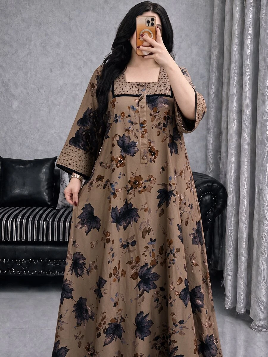 Al Najma Plus Size Women Woven Digital Position Print Burnout Long Sleeve Button Closure Elegant Casual Dress - Multicolor - View 1