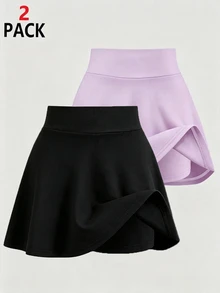 SHEIN 女童 2 件組防磨裙褲套裝，夏季純色針織 A 字裙內含內搭短褲，適合學校、運動與日常穿著 - 彩色 - 查看 5