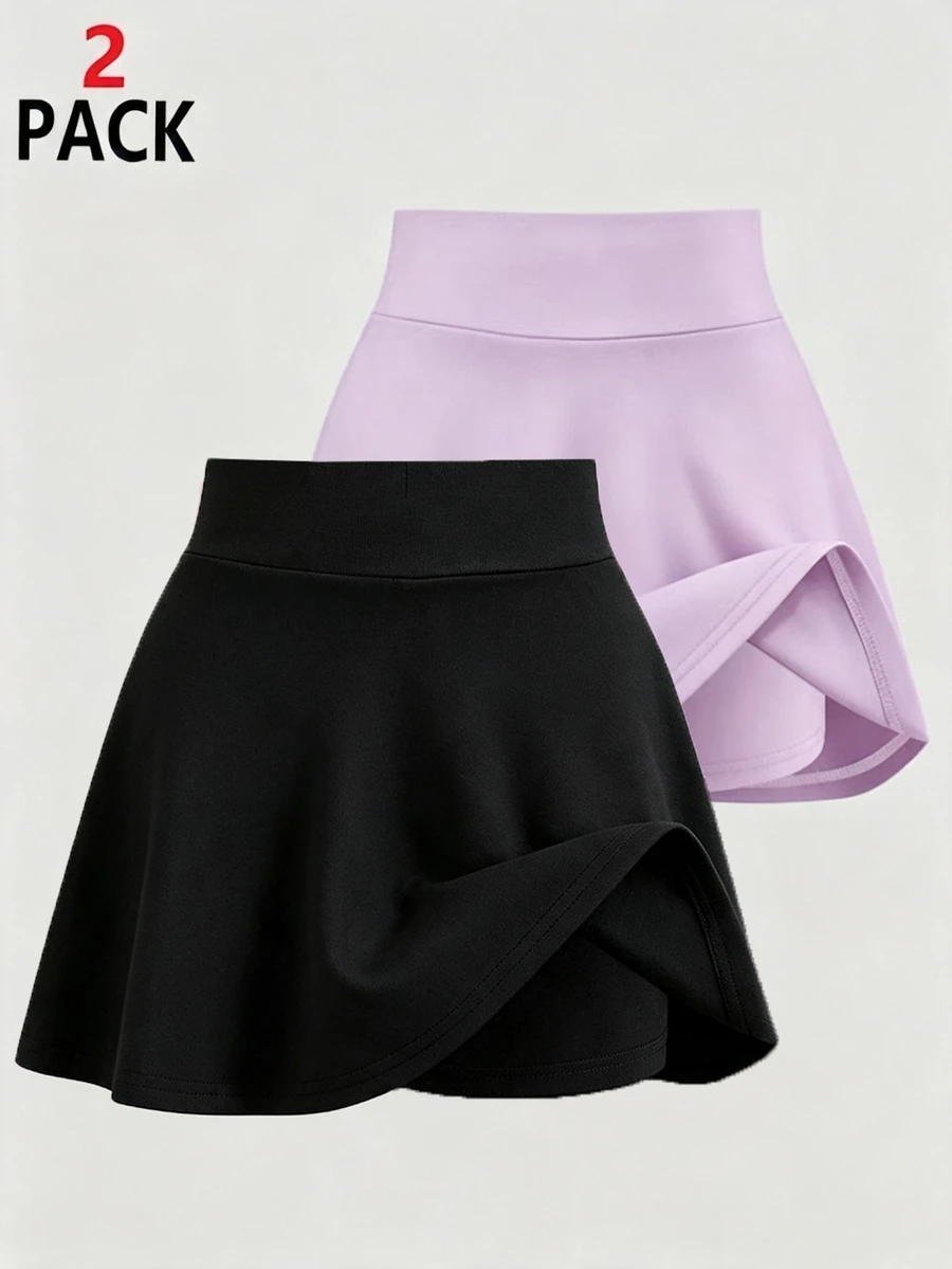 SHEIN Set 2 Pack Rok Celana Anti-Lecet untuk Anak Perempuan Muda, Rok Rajut Polos A-Line Musim Panas dengan Celana Pendek Dalaman, untuk Sekolah, Olahraga & Pemakaian Sehari-hari - MultiWarna - View 1