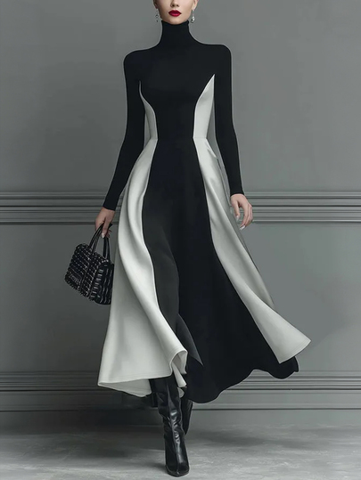 SHEIN Women's Black & White Colorblock High Neck Cinched Waist Flared Knit Dress, Elegant Slim Fit Long Sleeve Evening Gown