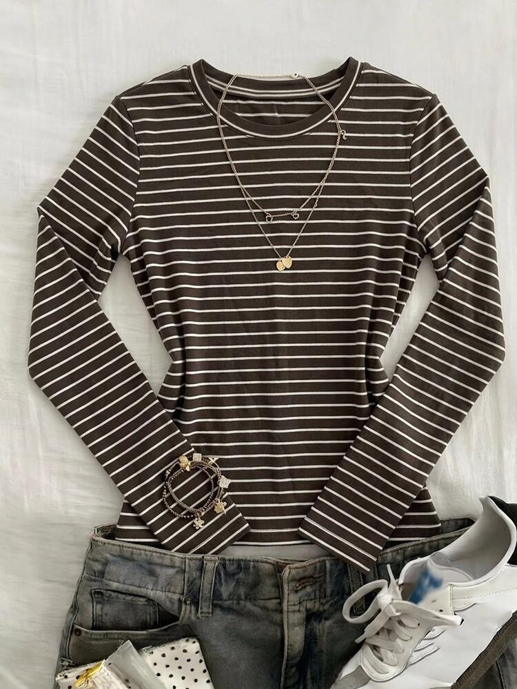 DAZY Solid Color Round Neck Fitted Long Sleeve Wide Stripe Casual Daily Versatile Grey Tight Fit Base Layer Summer Women T-Shirt - Coffee Brown - View 1