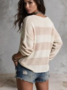 Solivie Women's Vacation Casual Colorblock Striped Cold Shoulder Spaghetti Strap Sweater - Multicolor - View 2