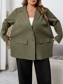 SHEIN CURVE+ 大尺碼女款素色翻領長袖西裝外套 - 軍綠色 - 查看 9