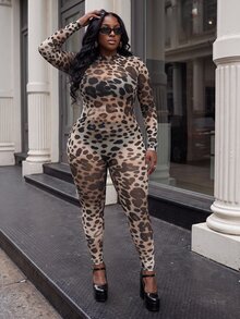 Slaydiva Sexy Street Date Party Women Slim Fit High Elastic Digital Print Long Sleeve Long Pants Abstract Pattern Leopard Mesh Plus Size Jumpsuit - Brown - View 6