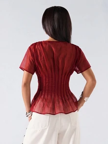 SHEIN EZwear 酒紅色純色領口百褶休閒百搭日常短袖大尺碼襯衫 - 酒紅色 - 查看 3