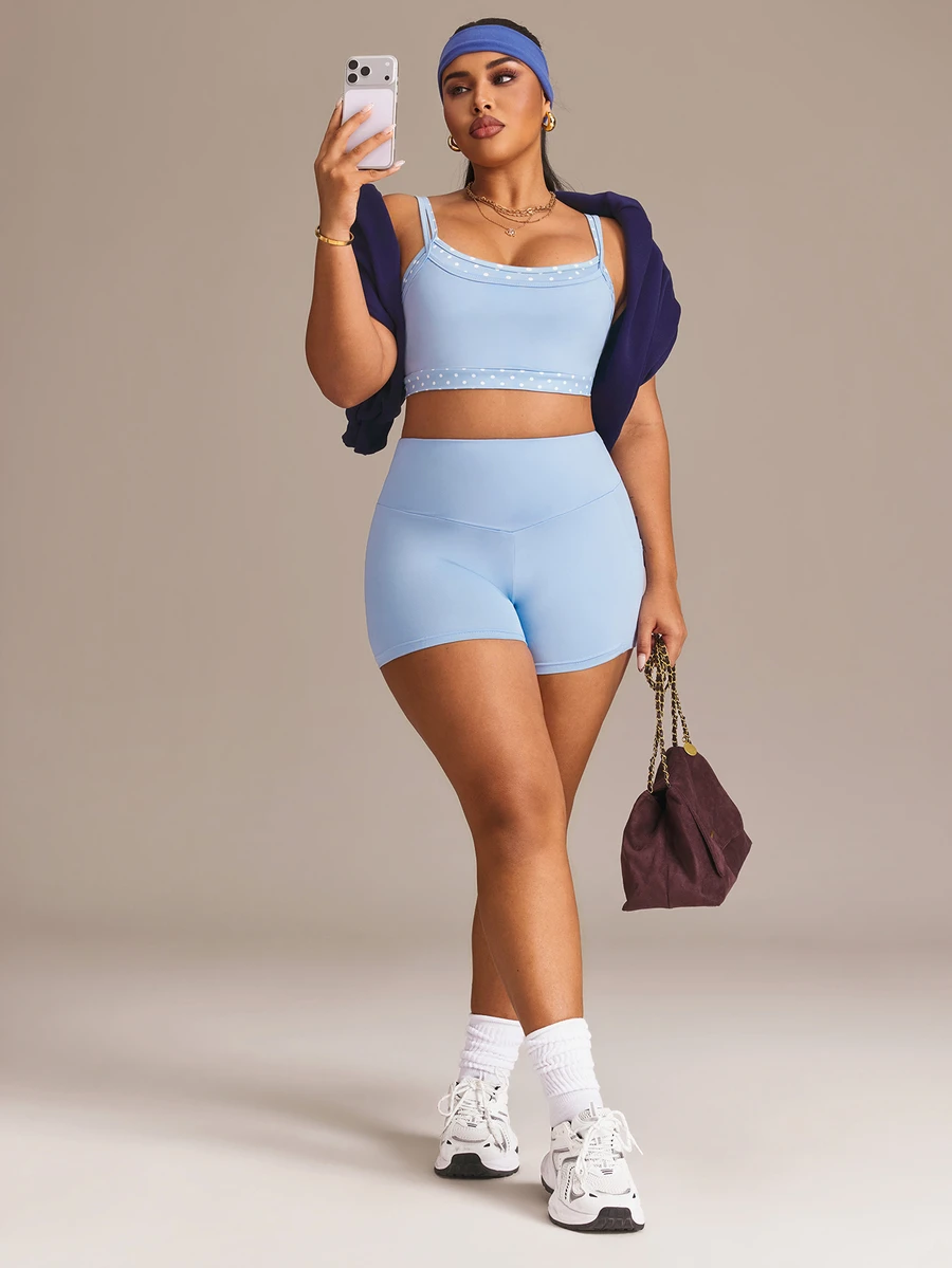 Rhythm Era Setelan Olahraga 2 Potong Atasan Camisole dan Celana Pendek Motif Polkadot Ukuran Plus untuk Wanita - Biru - View 1