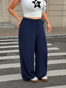 SHEIN EZwear 海軍藍大尺碼女款寬鬆百褶寬腿黑色裙褲，適合畢業季、返校節及秋冬教師穿搭 - 藏蓝色 - 查看 4