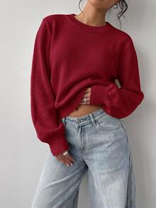 SHEIN BASICS 女款純色極簡長袖針織衫，舒適適合日常穿著 - 酒紅色 - 查看 5