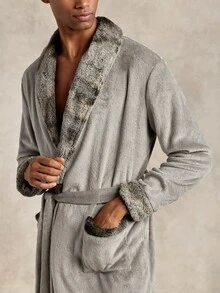 EverLounge Men's Autumn/Winter British Style Basic Minimalist Comfortable Light Gray Double-Sided Flannel Contrast Color Tie-Dye Shawl Collar Long Robe Coat - Grey - View 6