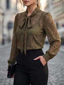 Velvienne Olive Green Floral Lace Blouse, High Neck Bowknot Ribbon Lantern Long Sleeve Commuter Top Fall - Olive Green - View 4
