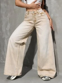 SHEIN Tall 女款高腰寬鬆純色長版牛仔褲 日常約會米色秋季Y2K街頭風牛仔褲 - 卡其色 - 查看 5
