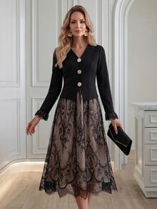 Medorina Women's Elegant Metal Button Long Sleeve Jacket & Lace Midi Skirt Two Pieces Set - Black - View 3