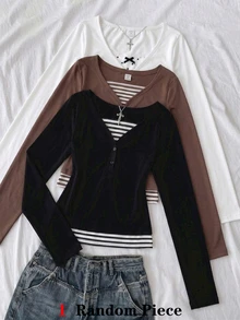 Teen Girl Casual Slim Fit Long Sleeve T-Shirt Base Layer, Versatile Comfortable Elegant Style, Suitable For Outings, School, Layering - Black - View 1