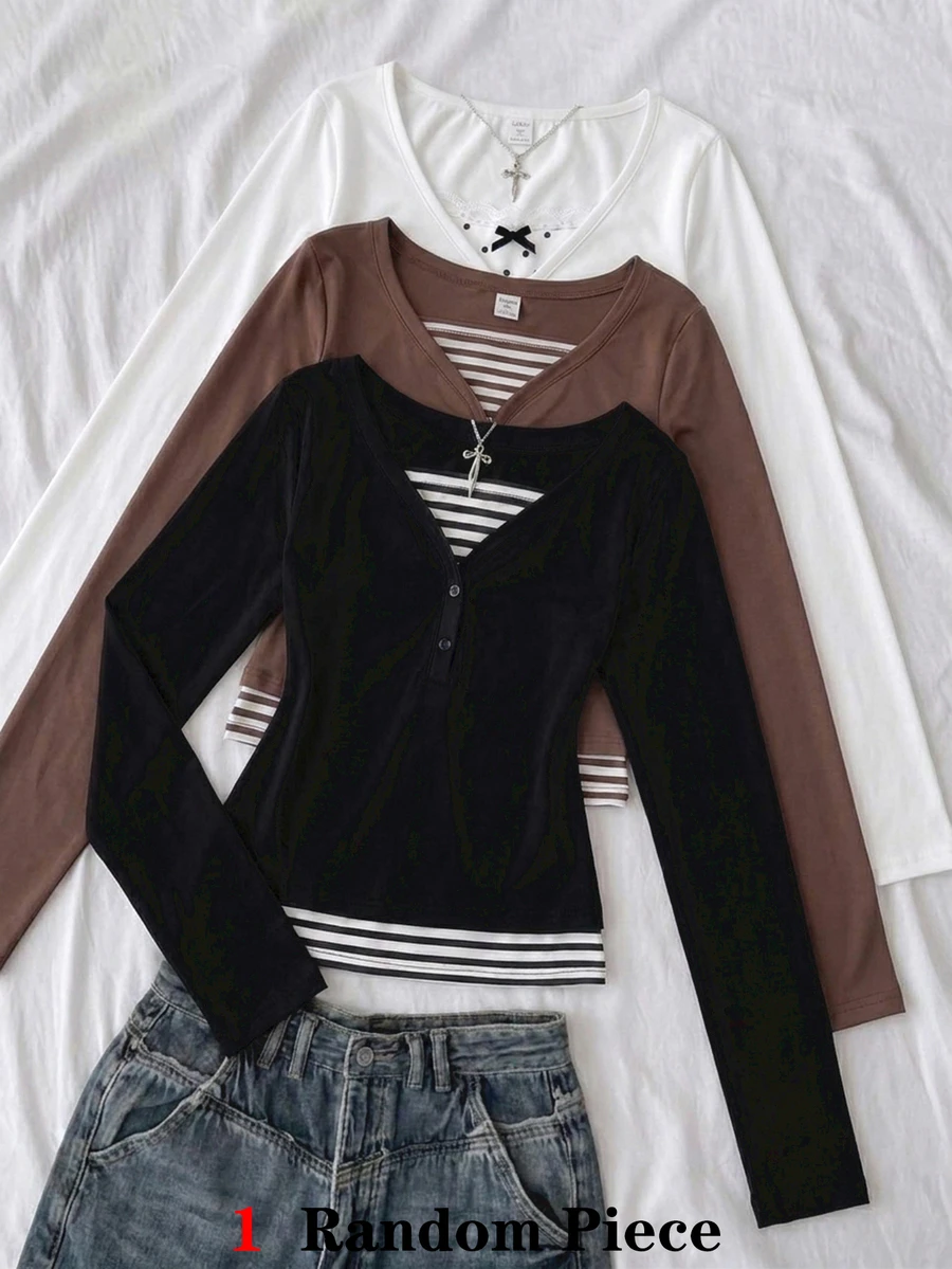 Teen Girl Casual Slim Fit Long Sleeve T-Shirt Base Layer, Versatile Comfortable Elegant Style, Suitable For Outings, School, Layering - Black - View 1