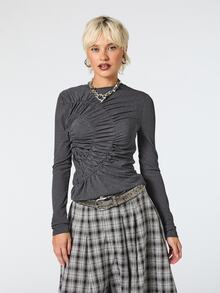 COUREZ Ruched Long Sleeve Top / Y2K Tops For Women Fall Clothes For Women Autumn Winter Clothes For Women Casual Going Out Tops Back To School Tops Grey Top - Dark Grey - View 7