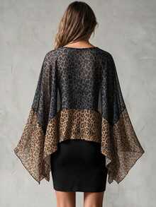 Glimmora Leopard Print Patchwork V-Neck Chic Fashionable Versatile Top Suitable For Dates, Vacations, Parties, Daily Outings, Gatherings, Outdoor Activities - Black - View 2
