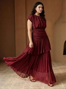 Anewsta Plus Size Women's Summer Elegant Cinched Waist Asymmetrical Ruffle Double Layer Full Skirt Dress For Vacation, Gathering, Party - Burgundy - View 4