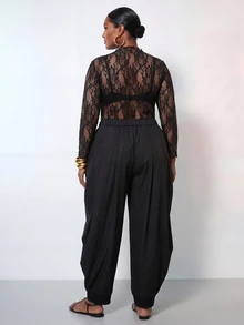 Zivah Plus Size Sexy Lace Sheer Top And Button Pleated Pants 2 Pieces Set - Black - View 2