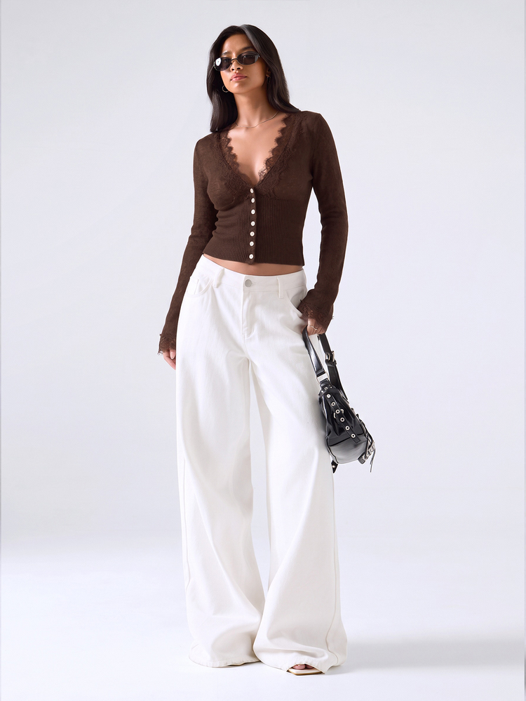 LYSMO Chocolate Brown Plus Size Women Autumn Winter Beige Long Sleeve Lace Patchwork Cardigan - Chocolate Brown - View 3