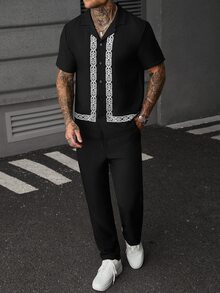 SLATEMANN 男士四季通用高品質熱銷斜紋舒適素色皺褶面料，幾何圖案印花短褲襯衫＋抽繩鬆緊腰長褲，休閒度假、簡約辦公、好友約會、聚餐晚餐、宴會，適合正式或非正式場合，簡約熱銷百搭風格，適合自穿或送禮給朋友 - 黑色 - 查看 1