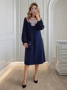 Medorina Women's French Fashion Lace Patchwork Long Sleeve Dress - Navy Blue - View 3