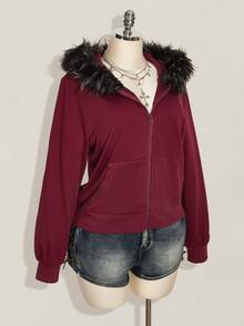 SHEIN ICON Plus Size Women Y2K Retro Fur Collar Patchwork Regular Sweatshirt Jacket With Pocket - Burgundy - View 5